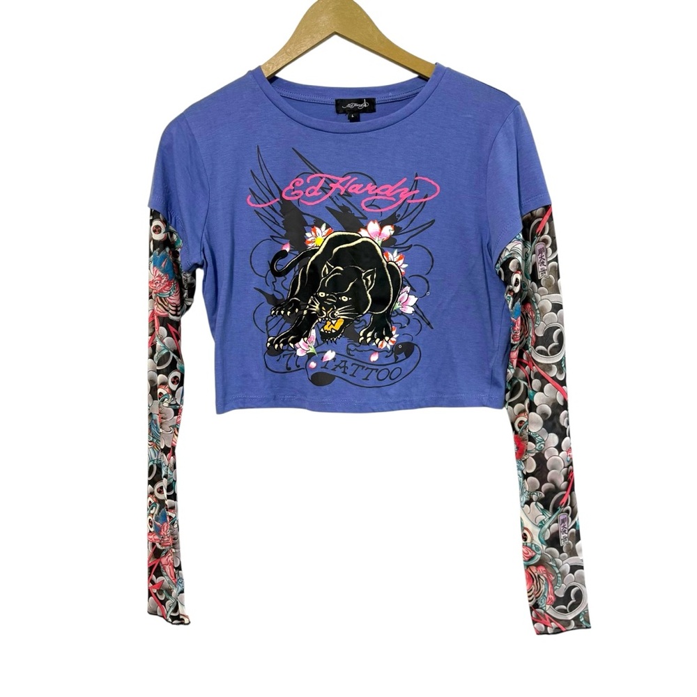 Ed Hardy Womens Large Swallow 2fer Midnight Mesh Long Sleeve Crop Top Grunge Y2K